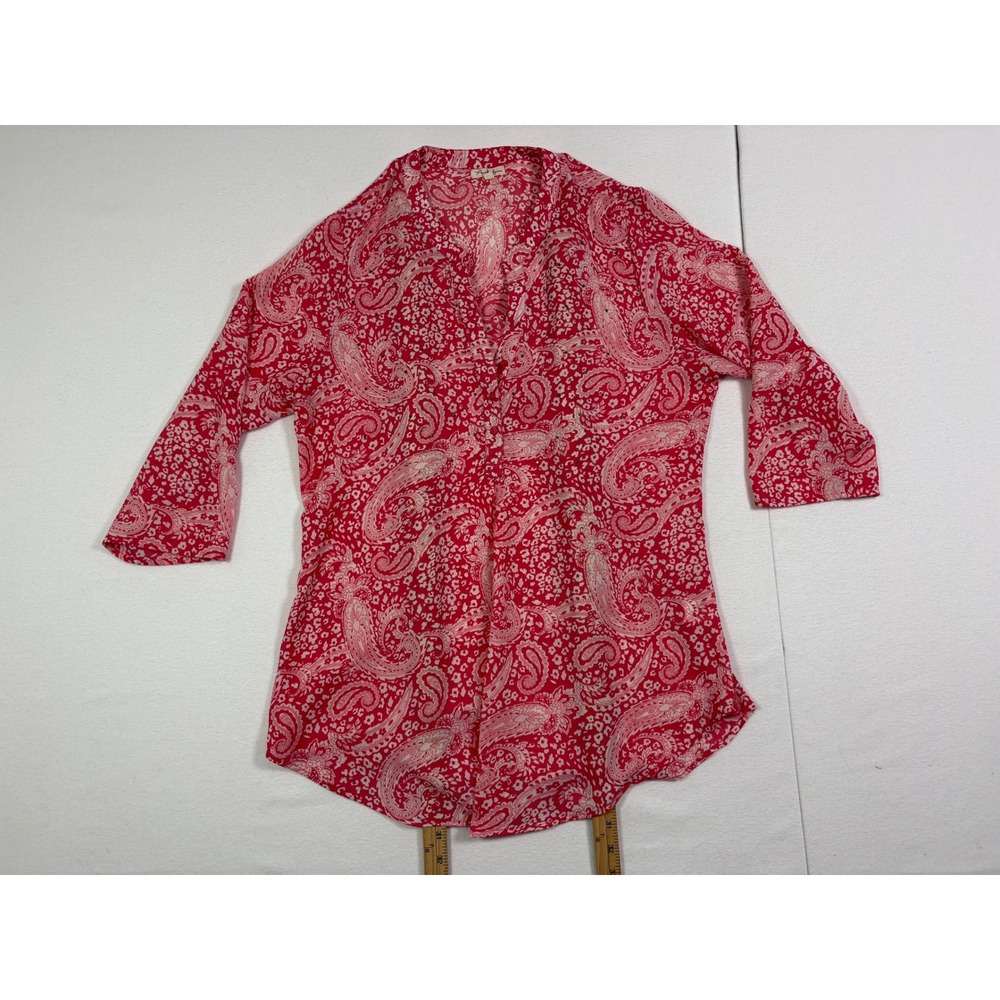 Antilia Femme Womens Red White Paisley Floral V-Neck 3/4 Sleeve Tunic Blouse L